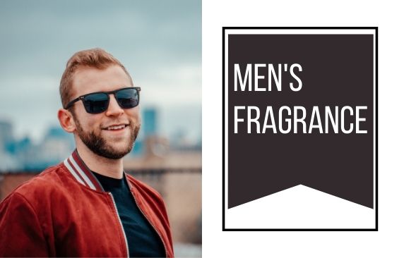 A man wearing sunglasses and red jacket next to the words " men 's fragrance ".