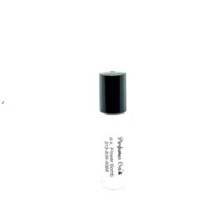 A white bottle of perfume with black cap.