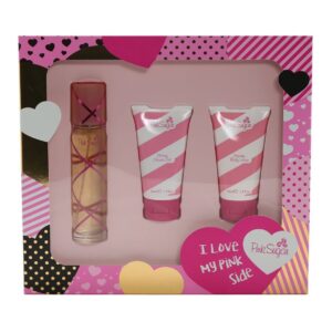 A box of cosmetics with pink and white designs.
