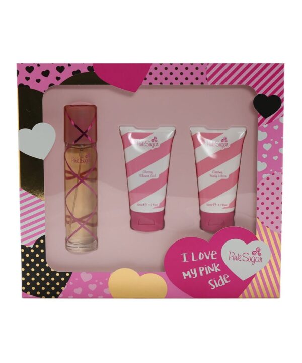A box of cosmetics with pink and white designs.
