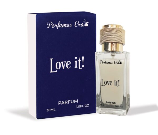 A bottle of perfume with the box opened.