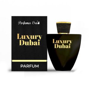 A bottle of perfume with the word luxury dubai written on it.