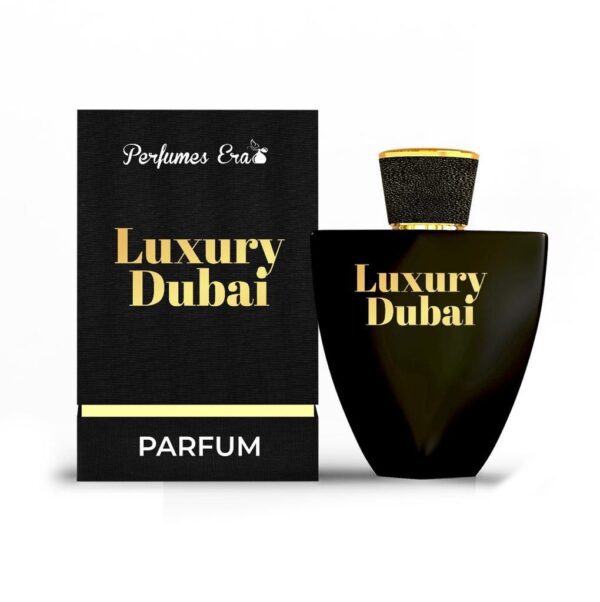 A bottle of perfume with the word luxury dubai written on it.