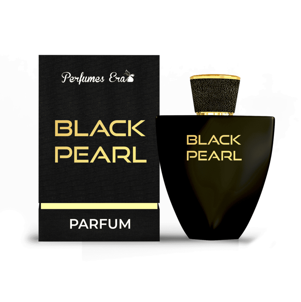 A black pearl perfume bottle next to its box.