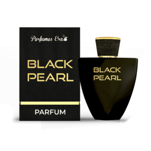 A black pearl perfume bottle next to its box.