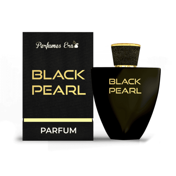 A black pearl perfume bottle next to its box.