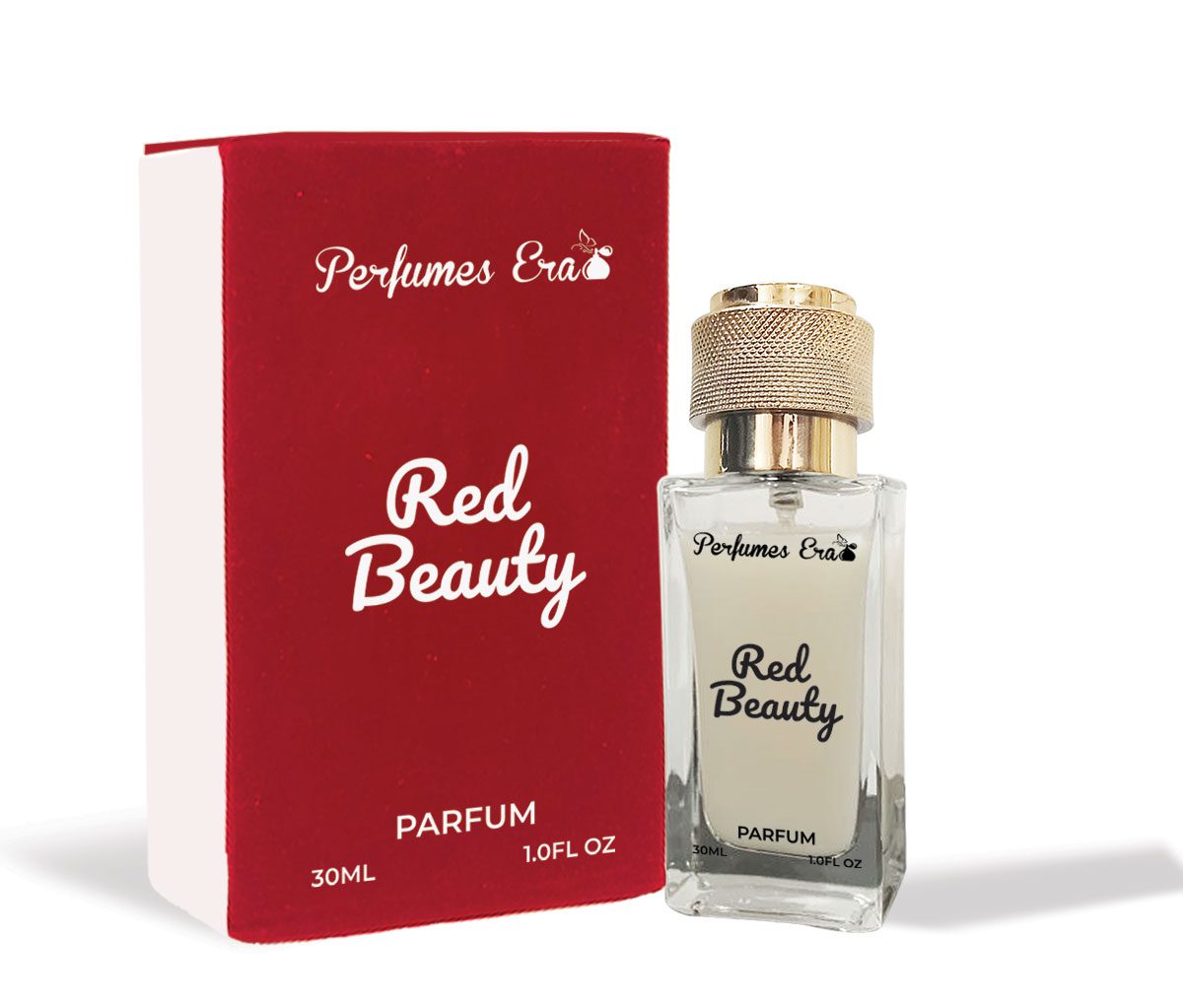 A red beauty perfume bottle sitting next to its box.
