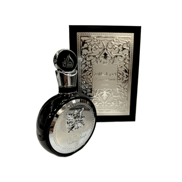 Black and silver perfume bottle with box.