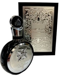 Black and silver perfume bottle with ornate design.