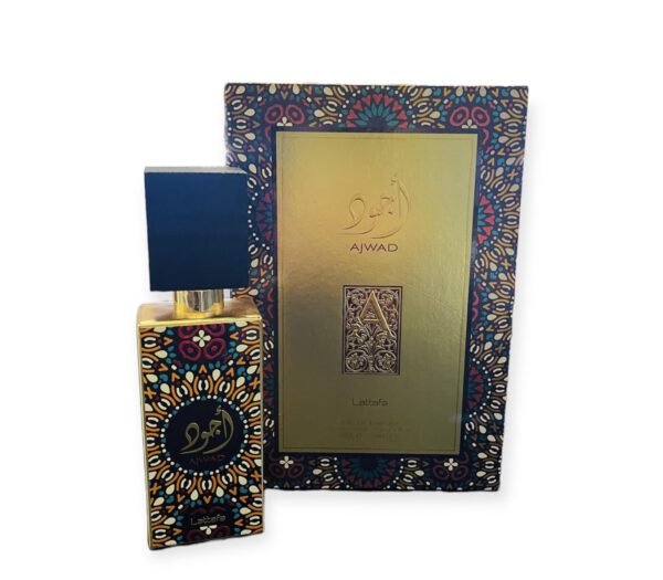 Ajwad Lattafa perfume bottle and box.