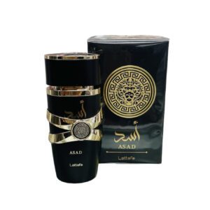 Asad perfume by Lattafa, black bottle with gold accents.