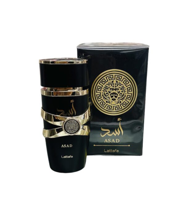 Asad perfume by Lattafa, black bottle with gold accents.