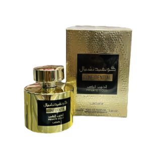 Lattafa Confidential Private Gold perfume bottle.