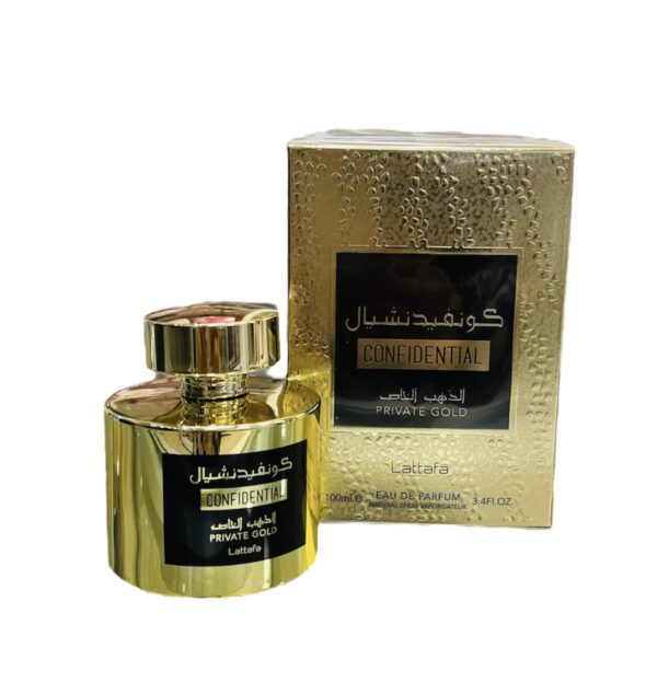 Lattafa Confidential Private Gold perfume bottle.