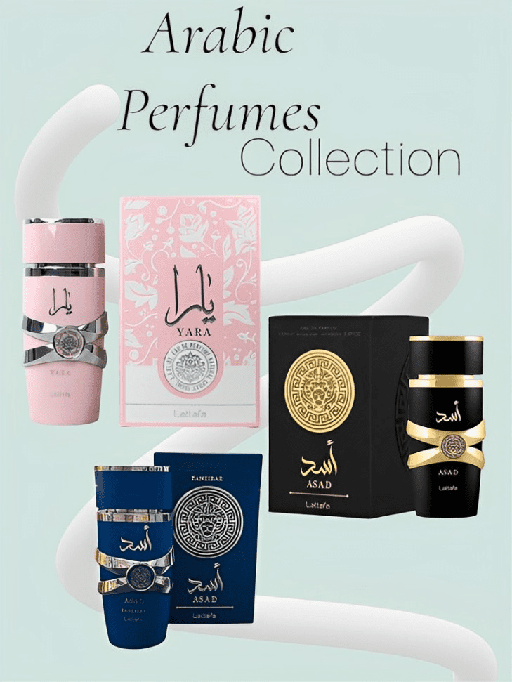 A beautifully arranged collection of Arabic perfumes displayed in elegant bottles, showcasing rich colors and intricate designs.